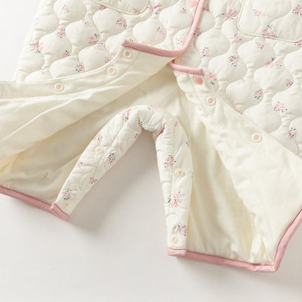 Baby Girls Sweet Beige Floral Print Doll Collar Warm Padded Rompers