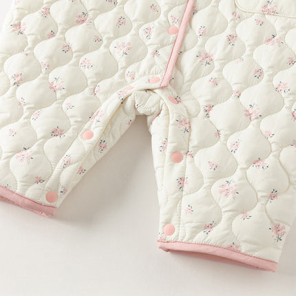 Baby Girls Sweet Beige Floral Print Doll Collar Warm Padded Rompers