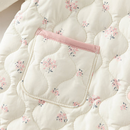 Baby Girls Sweet Beige Floral Print Doll Collar Warm Padded Rompers