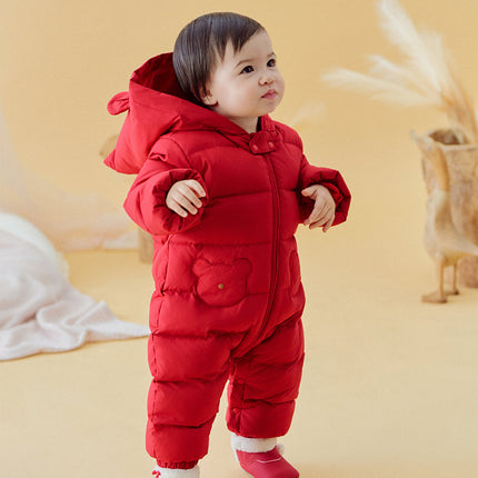 Baby Girls/Boys Winter Festival Red Warm Windproof Hooded Down Rompers