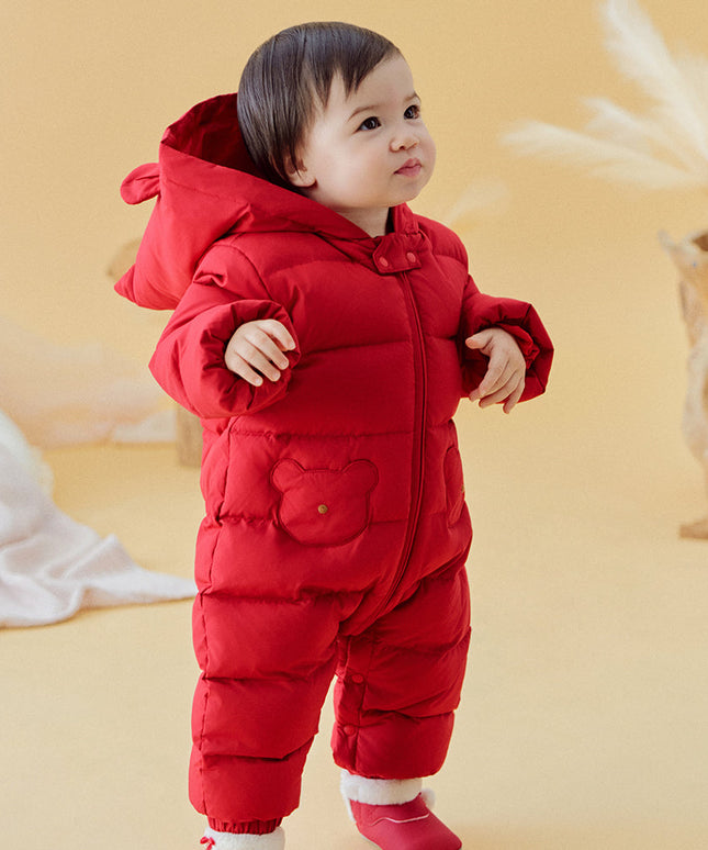 Baby Girls/Boys Winter Festival Red Warm Windproof Hooded Down Rompers