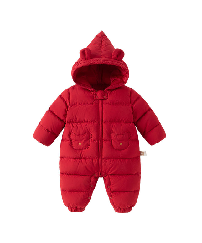 Baby Girls/Boys Winter Festival Red Warm Windproof Hooded Down Rompers