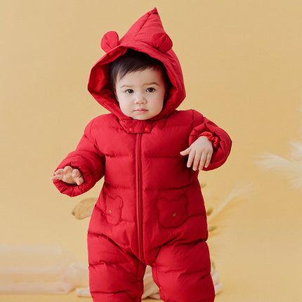 Baby Girls/Boys Winter Festival Red Warm Windproof Hooded Down Rompers