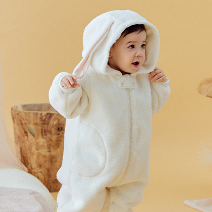 Baby Girls Rabbit-style Cozy Beige Hooded One-pieces Romper