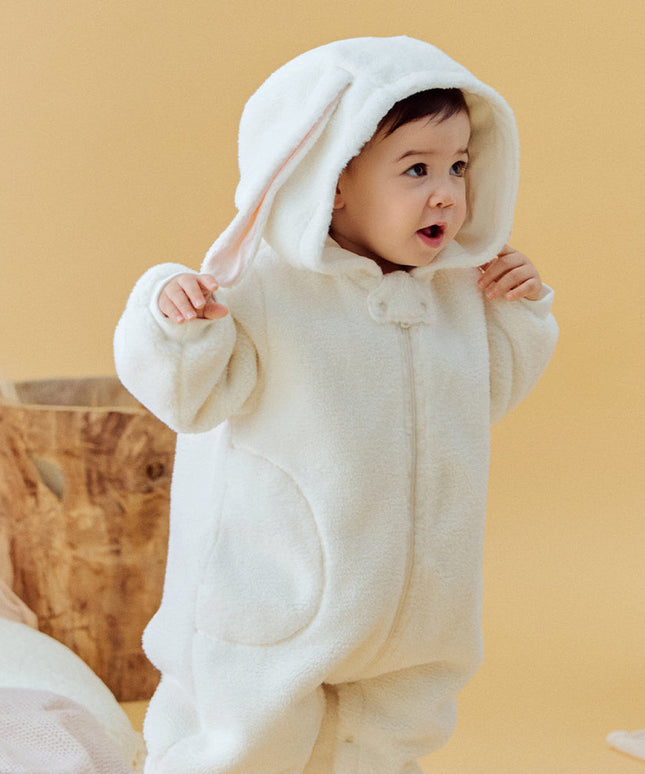 Baby Girls Rabbit-style Cozy Beige Hooded One-pieces Romper