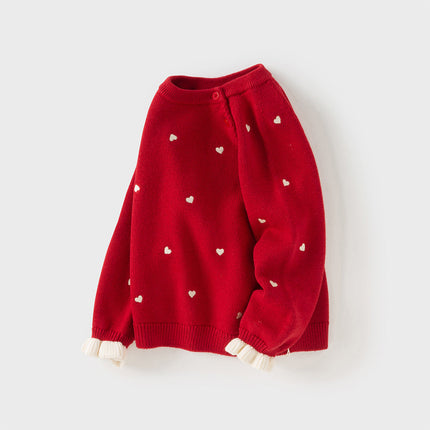 Toddler Girls Soft Knit Cute Red/Beige Sweaters