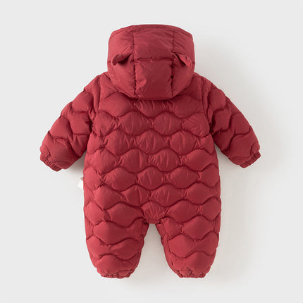 Baby Girls/Boys Winter Dark Red Indoor Cozy Long Sleeve Hooded Down Romper