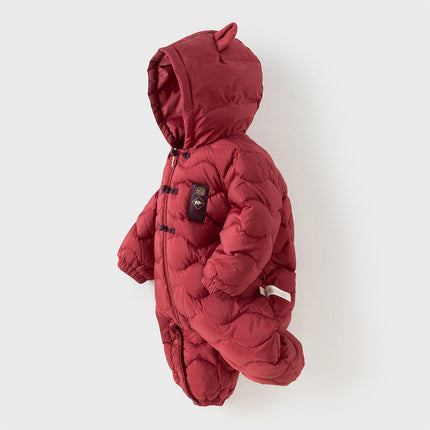 Baby Girls/Boys Winter Dark Red Indoor Cozy Long Sleeve Hooded Down Romper
