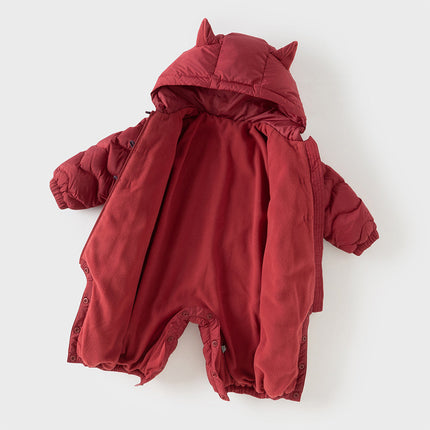 Baby Girls/Boys Winter Dark Red Indoor Cozy Long Sleeve Hooded Down Romper