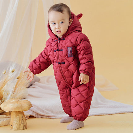 Baby Girls/Boys Winter Dark Red Indoor Cozy Long Sleeve Hooded Down Romper