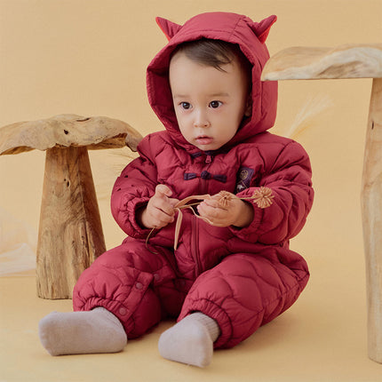 Baby Girls/Boys Winter Dark Red Indoor Cozy Long Sleeve Hooded Down Romper