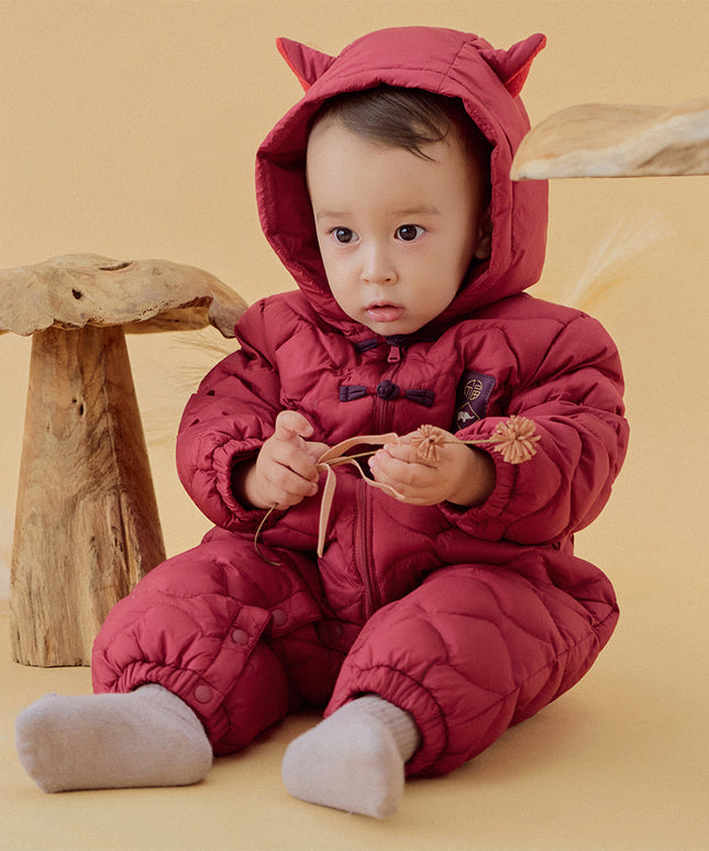 Baby Girls/Boys Winter Dark Red Indoor Cozy Long Sleeve Hooded Down Romper
