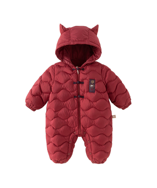 Baby Girls/Boys Winter Dark Red Indoor Cozy Long Sleeve Hooded Down Romper