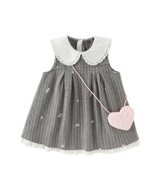 Toddler Girls Cute Grey Striped Sleeveless A-line Dress(wallet bag)