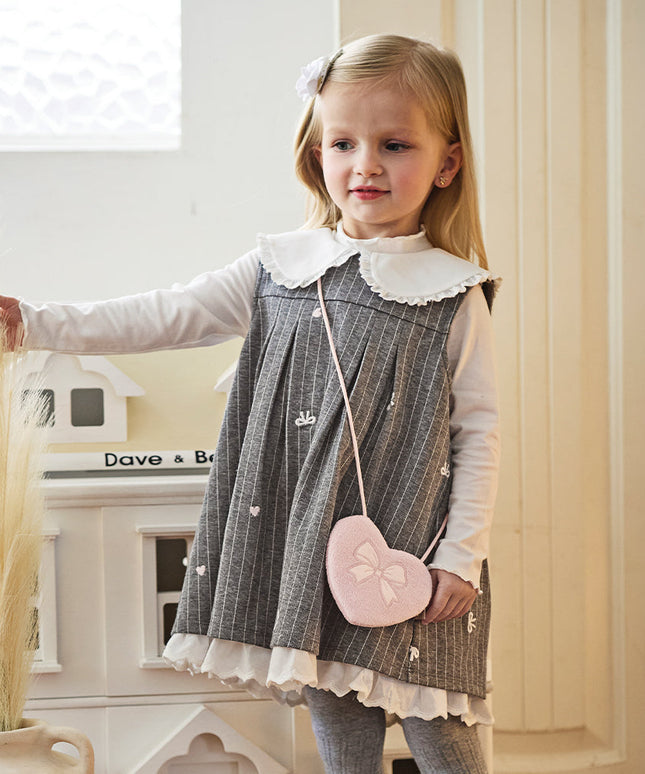 Toddler Girls Cute Grey Striped Sleeveless A-line Dress(wallet bag)