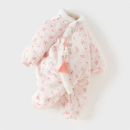 Baby Girls Pink Plum Blossom Print Plush Turtle Cozy Padded Rompers
