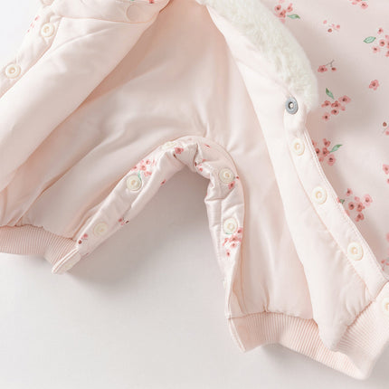 Baby Girls Pink Plum Blossom Print Plush Turtle Cozy Padded Rompers