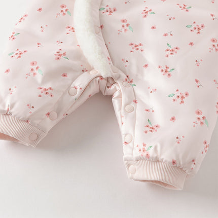 Baby Girls Pink Plum Blossom Print Plush Turtle Cozy Padded Rompers