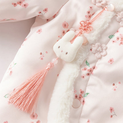 Baby Girls Pink Plum Blossom Print Plush Turtle Cozy Padded Rompers