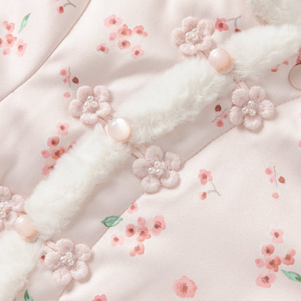 Baby Girls Pink Plum Blossom Print Plush Turtle Cozy Padded Rompers
