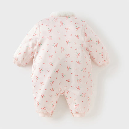Baby Girls Pink Plum Blossom Print Plush Turtle Cozy Padded Rompers