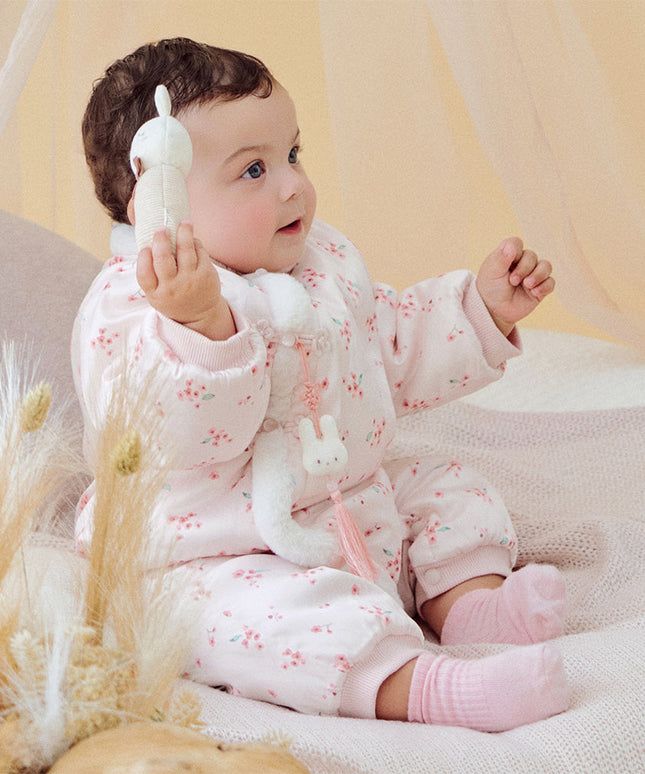 Baby Girls Pink Plum Blossom Print Plush Turtle Cozy Padded Rompers