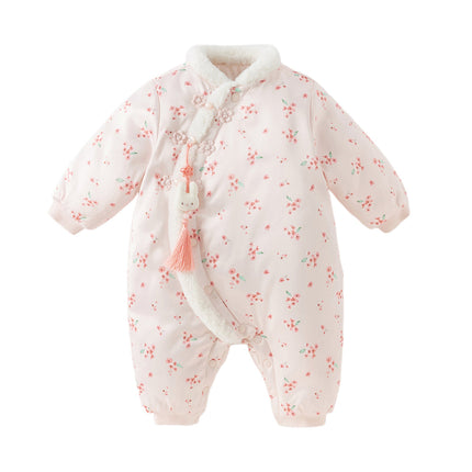 Baby Girls Pink Plum Blossom Print Plush Turtle Cozy Padded Rompers