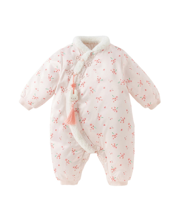 Baby Girls Pink Plum Blossom Print Plush Turtle Cozy Padded Rompers