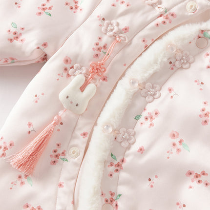 Baby Girls Pink Plum Blossom Print Plush Turtle Cozy Padded Rompers