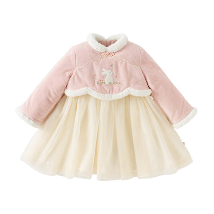 Toddler Girls Elegant Pink Chinese-style Padded A-line Mesh Dress