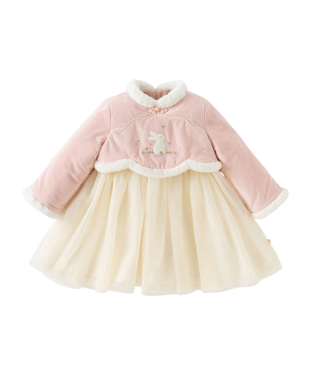 Toddler Girls Elegant Pink Chinese-style Padded A-line Mesh Dress