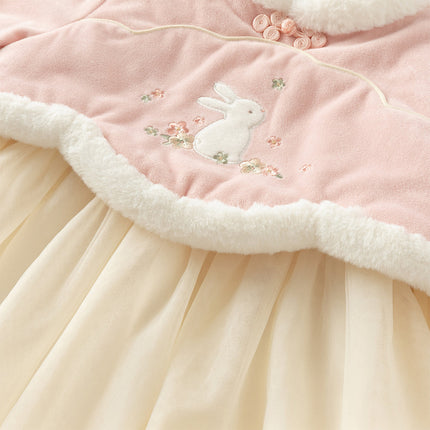 Toddler Girls Elegant Pink Chinese-style Padded A-line Mesh Dress