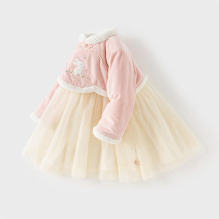 Toddler Girls Elegant Pink Chinese-style Padded A-line Mesh Dress