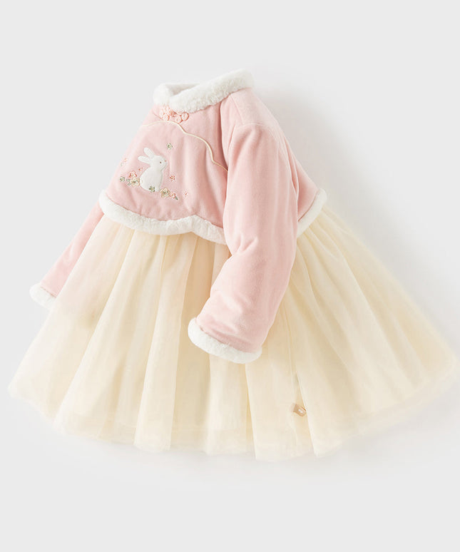 Toddler Girls Elegant Pink Chinese-style Padded A-line Mesh Dress