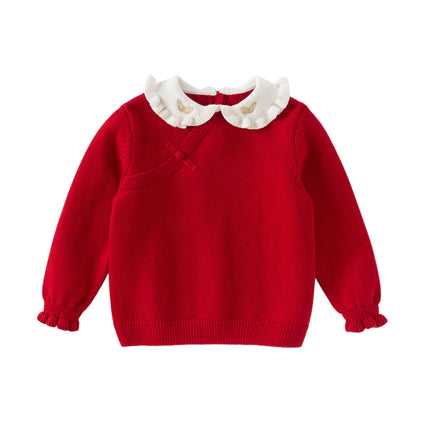 Kids Girls Festival Red Doll Collar Long-sleeved Pullover Sweaters Tops