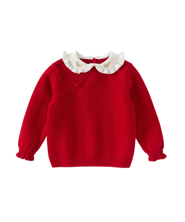 Kids Girls Festival Red Doll Collar Long-sleeved Pullover Sweaters Tops