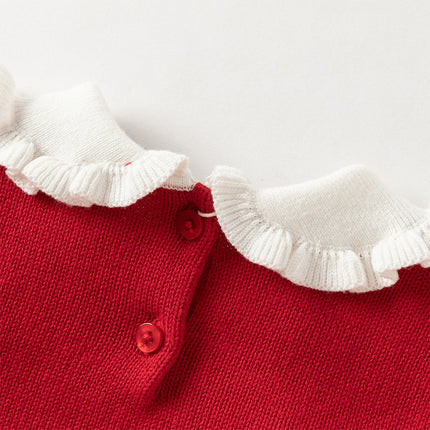 Kids Girls Festival Red Doll Collar Long-sleeved Pullover Sweaters Tops