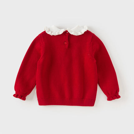 Kids Girls Festival Red Doll Collar Long-sleeved Pullover Sweaters Tops