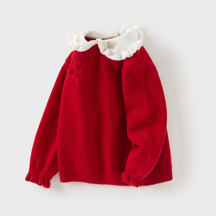 Kids Girls Festival Red Doll Collar Long-sleeved Pullover Sweaters Tops