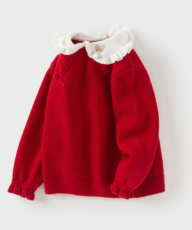 Kids Girls Festival Red Doll Collar Long-sleeved Pullover Sweaters Tops