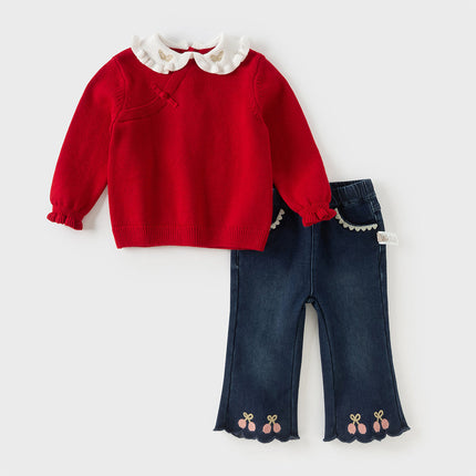 Kids Girls Festival Red Doll Collar Long-sleeved Pullover Sweaters Tops