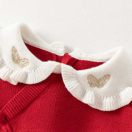 Kids Girls Festival Red Doll Collar Long-sleeved Pullover Sweaters Tops