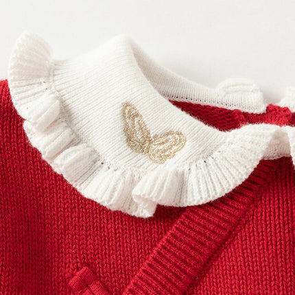 Kids Girls Festival Red Doll Collar Long-sleeved Pullover Sweaters Tops