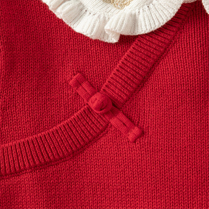 Kids Girls Festival Red Doll Collar Long-sleeved Pullover Sweaters Tops