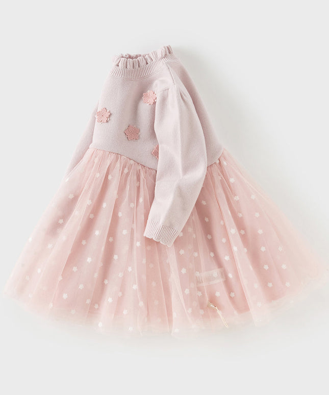 Toddler Girls Elegant Pink Turtle Long-sleeved A-line Party Mesh Dress