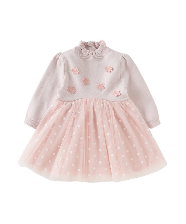 Toddler Girls Elegant Pink Turtle Long-sleeved A-line Party Mesh Dress
