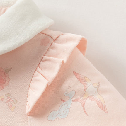 Baby Girls Cute Pink Print Doll Collar Indoor Warm Padded Rompers