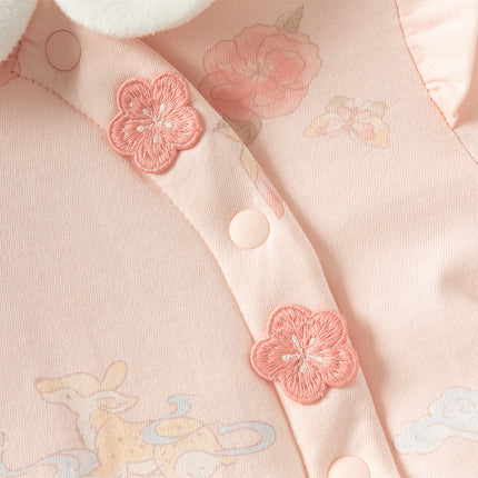 Baby Girls Cute Pink Print Doll Collar Indoor Warm Padded Rompers