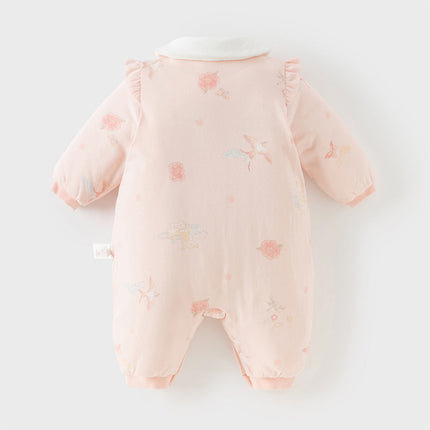 Baby Girls Cute Pink Print Doll Collar Indoor Warm Padded Rompers