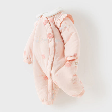 Baby Girls Cute Pink Print Doll Collar Indoor Warm Padded Rompers